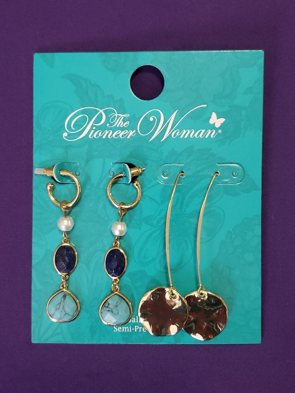Pioneer Woman Two Pairs Earrings Long Dangle Pierced Threader Semiprecious New